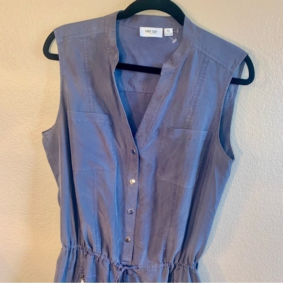 Per Se 100% Silk Romper Size 10 Carlisle Blue Grey Snap Pocket Drawstring Ties - Picture 2 of 16